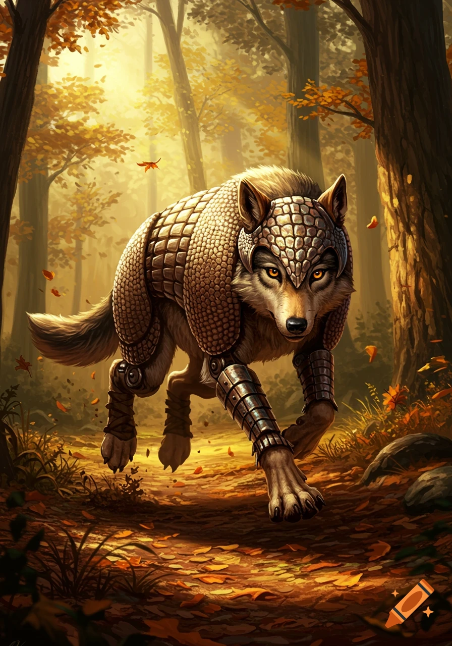 A fantasy illustration of a wolf wearing armadillo-like armor running through an autumn forest, with glowing orange eyes.
