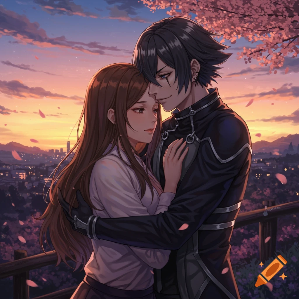 Anime couple embraces warmly under pink cherry blossoms at sunset, overlooking a city skyline.