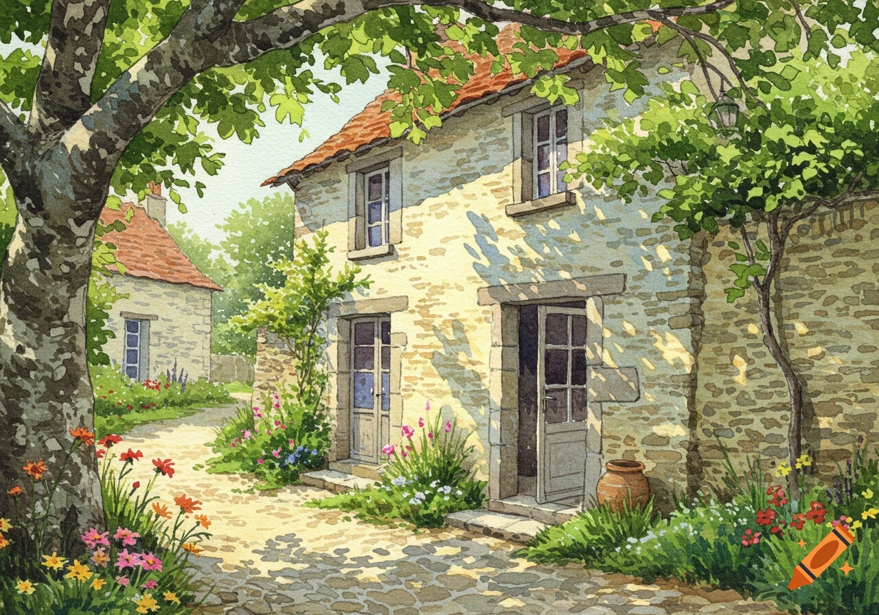 Watercolor painting of a sunny stone village house on a cobbled path, surrounded by lush green trees and vibrant flowers.