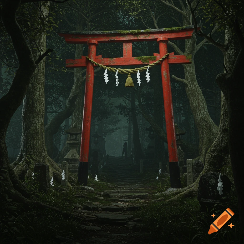 A lone, decaying red Shinto torii gate stands in a dark, misty, overgrown forest at twilight, evoking psychological unease.