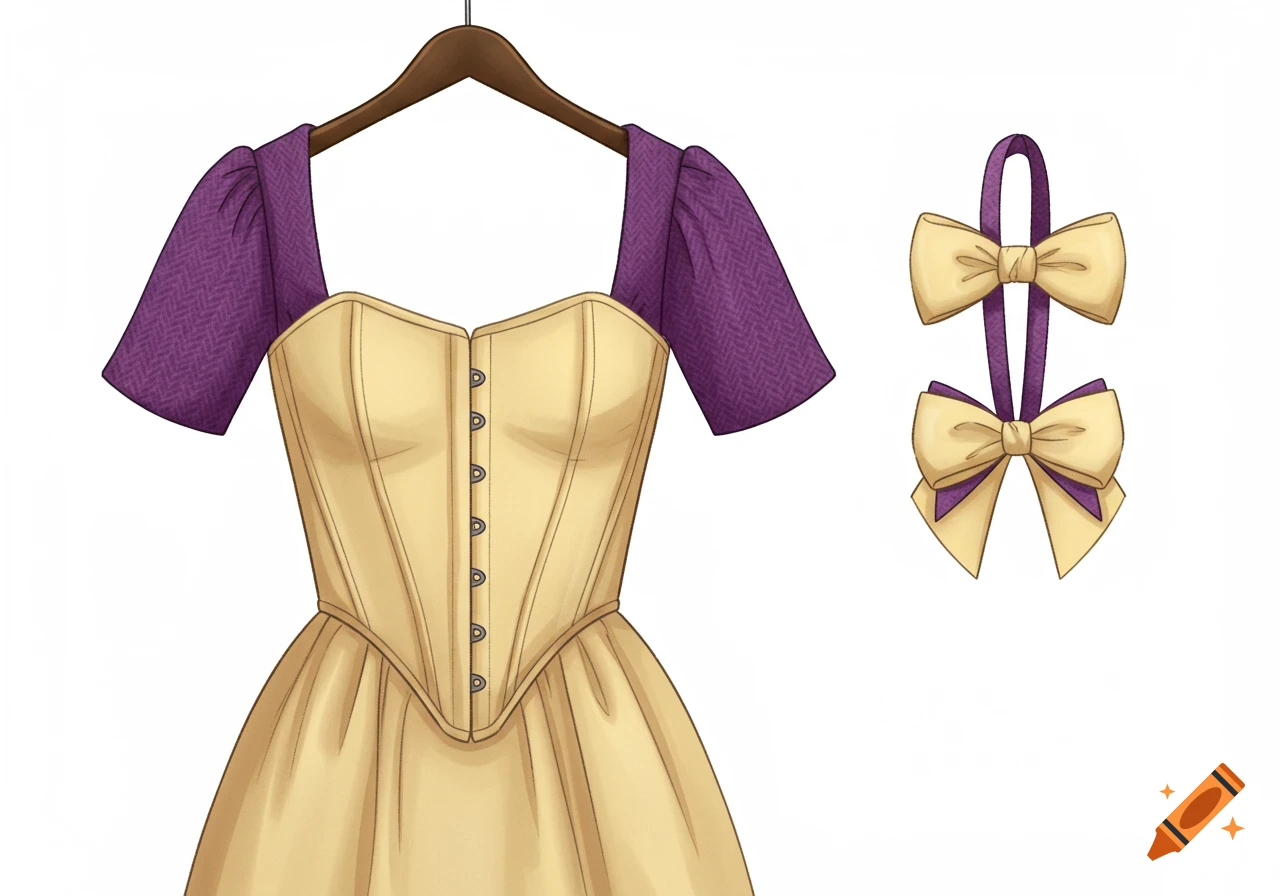Illustration of a pastel yellow corset dress with purple sleeves on a hanger, next to two matching yellow and purple bows.