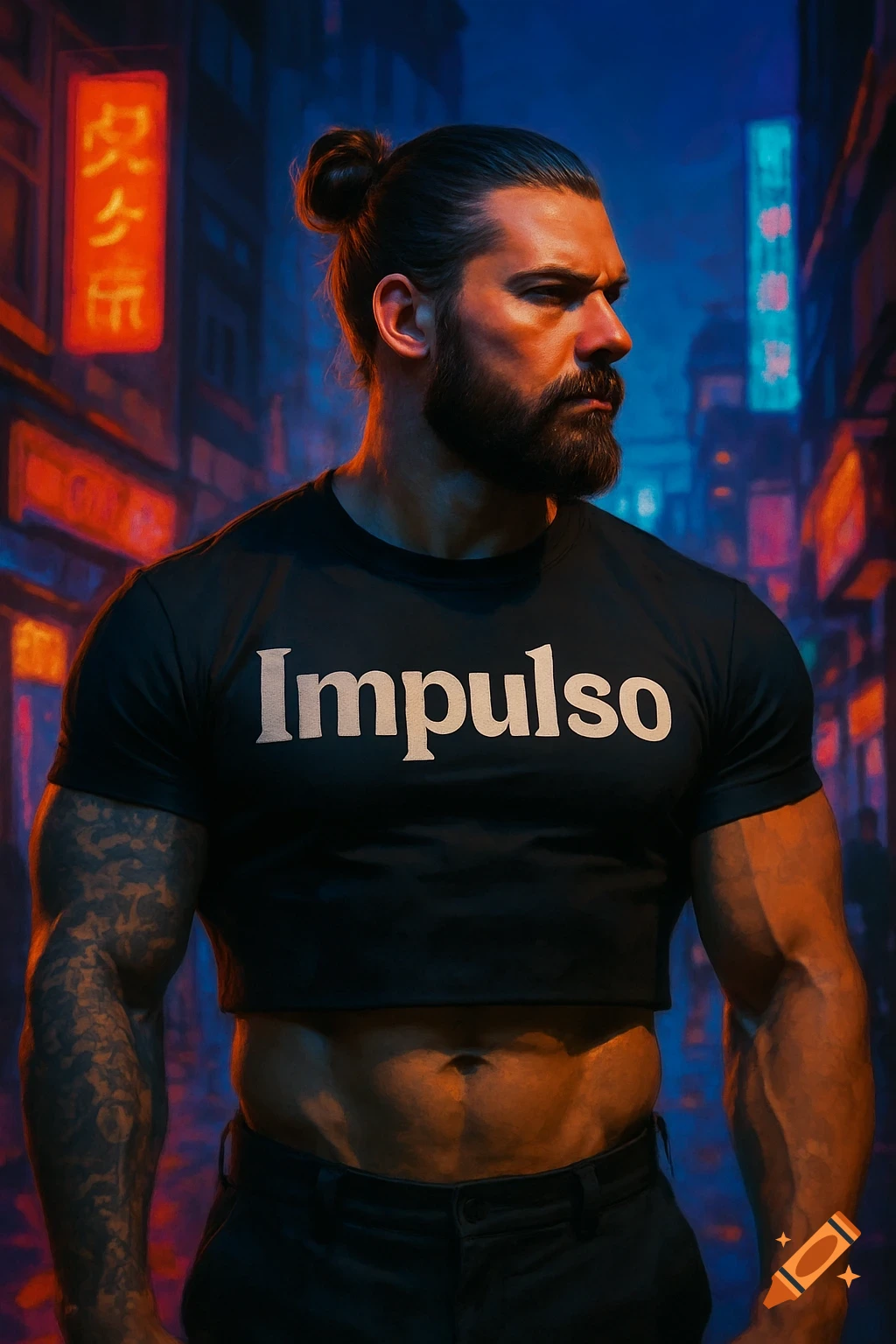 Muscular man with a man bun and beard wears a black cropped 'Impulso' t-shirt and tattoos, standing in a neon-lit cyberpunk street.