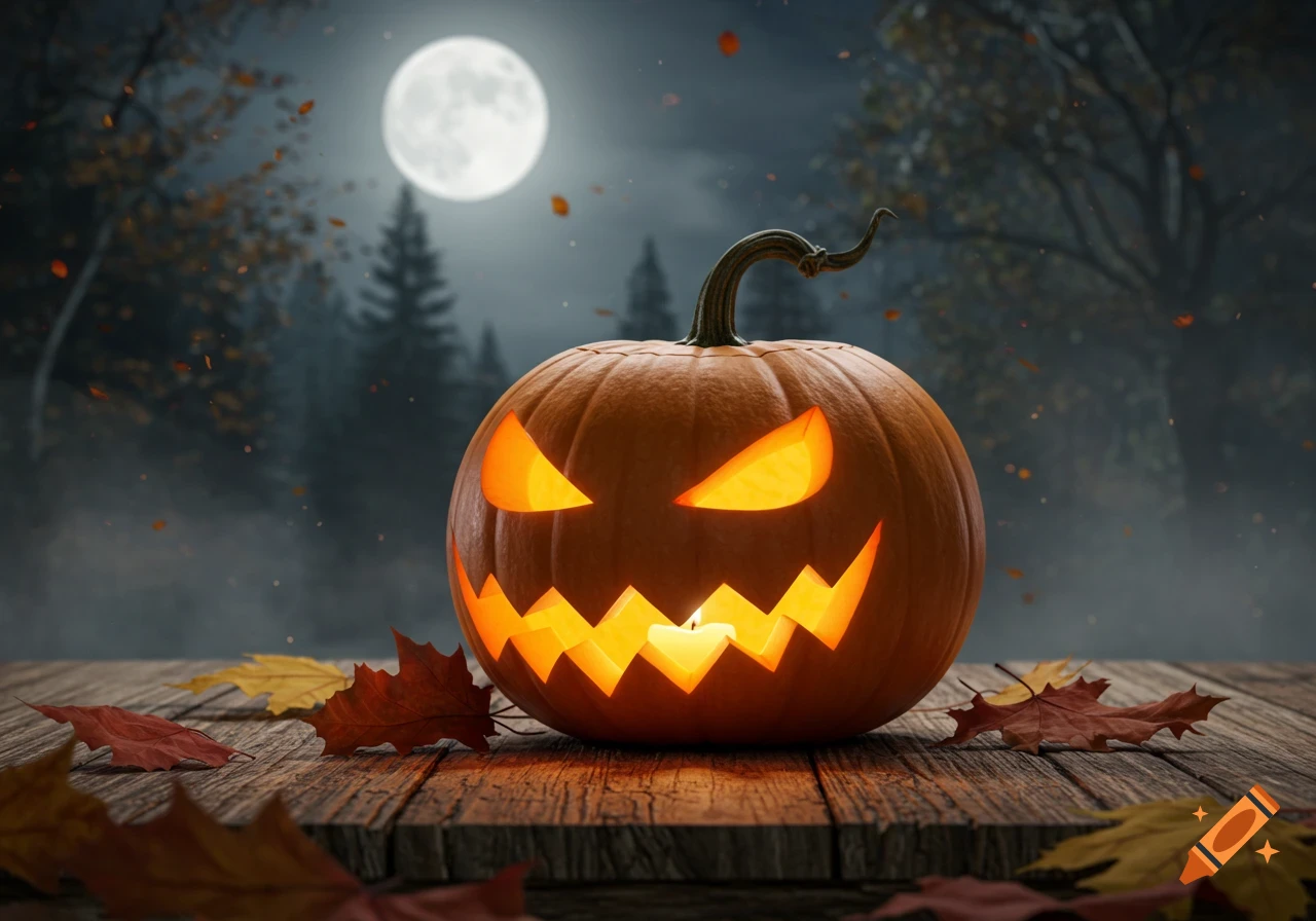 Photorealistic jack-o'-lantern with glowing face on a wooden table, surrounded by autumn leaves, under a full moon in a misty forest.