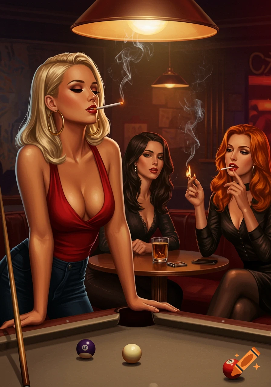 A stylized illustration shows a blonde woman in a red top playing pool and smoking, while two other women smoke at a table nearby.