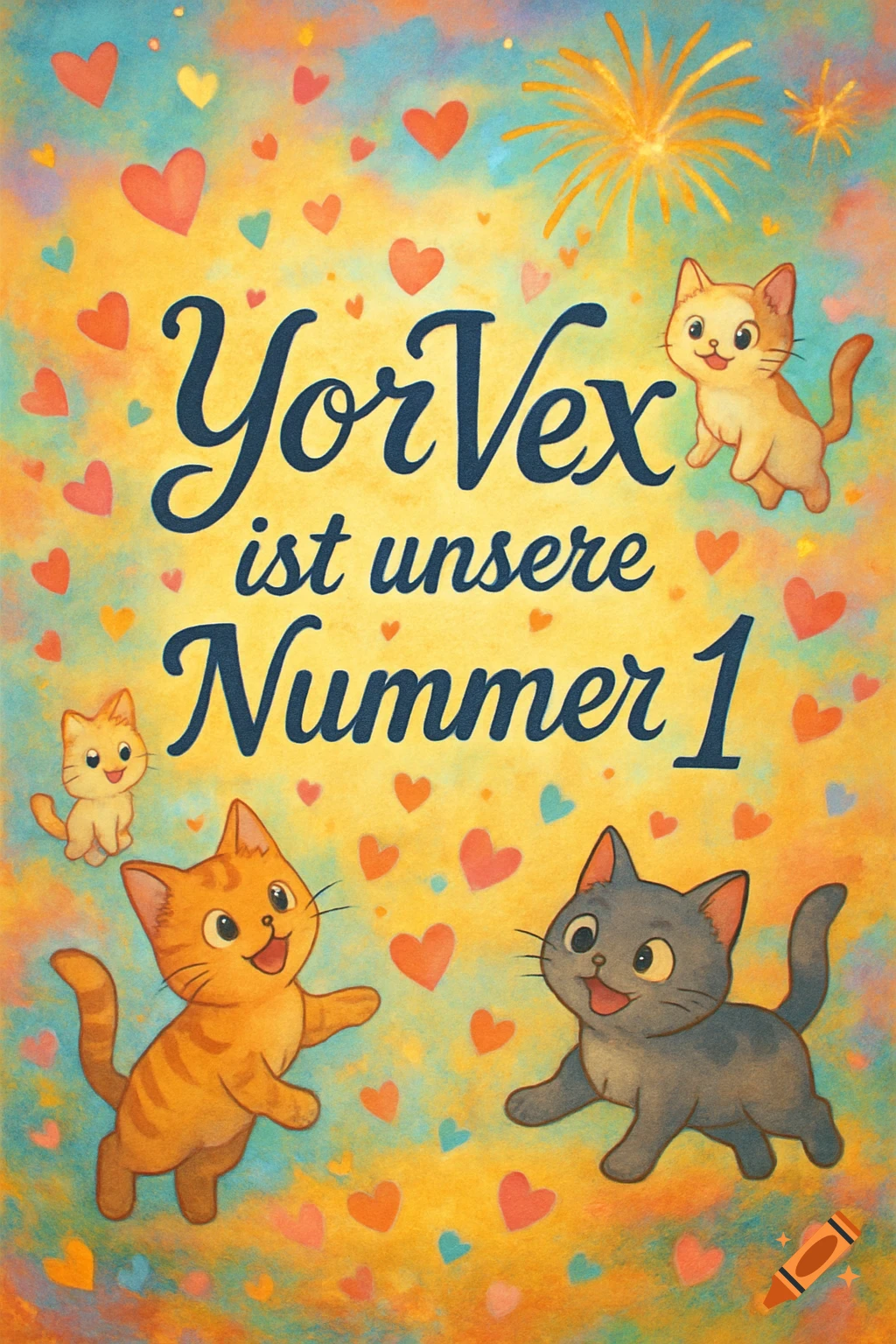 Four cute Ghibli-style cartoon cats with the text 'YorVeX ist unsere Nummer 1' among hearts and fireworks on a colorful background.