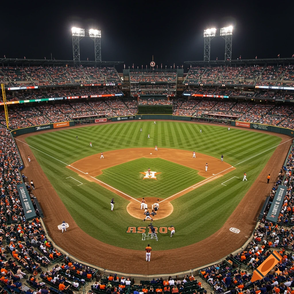 High-angle view of a nighttime baseball game in a stadium filled with spectators, players on the field under bright lights.