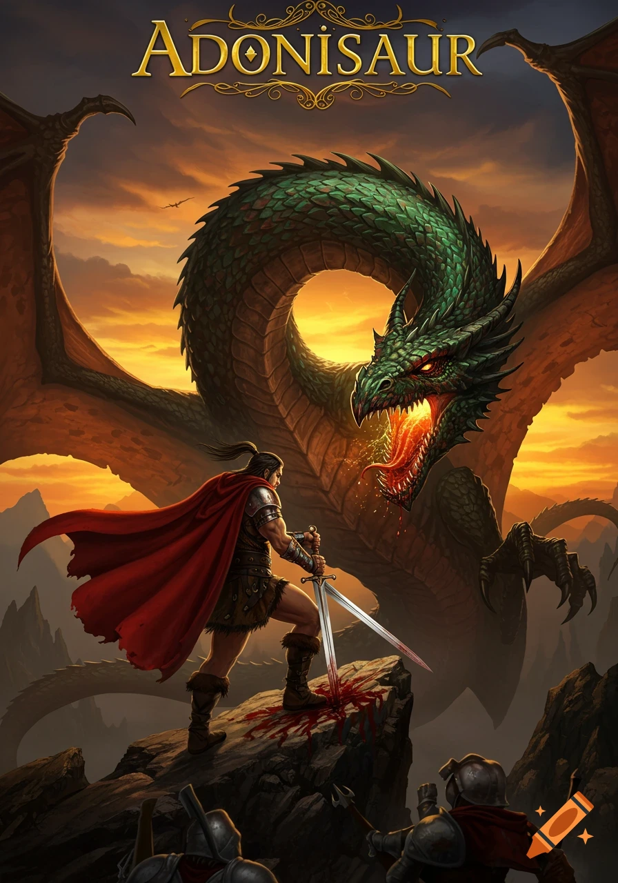 ADONISAUR: Fantasy illustration of a barbarian warrior with a red cape and sword on a bloody rock, confronting a green dragon.