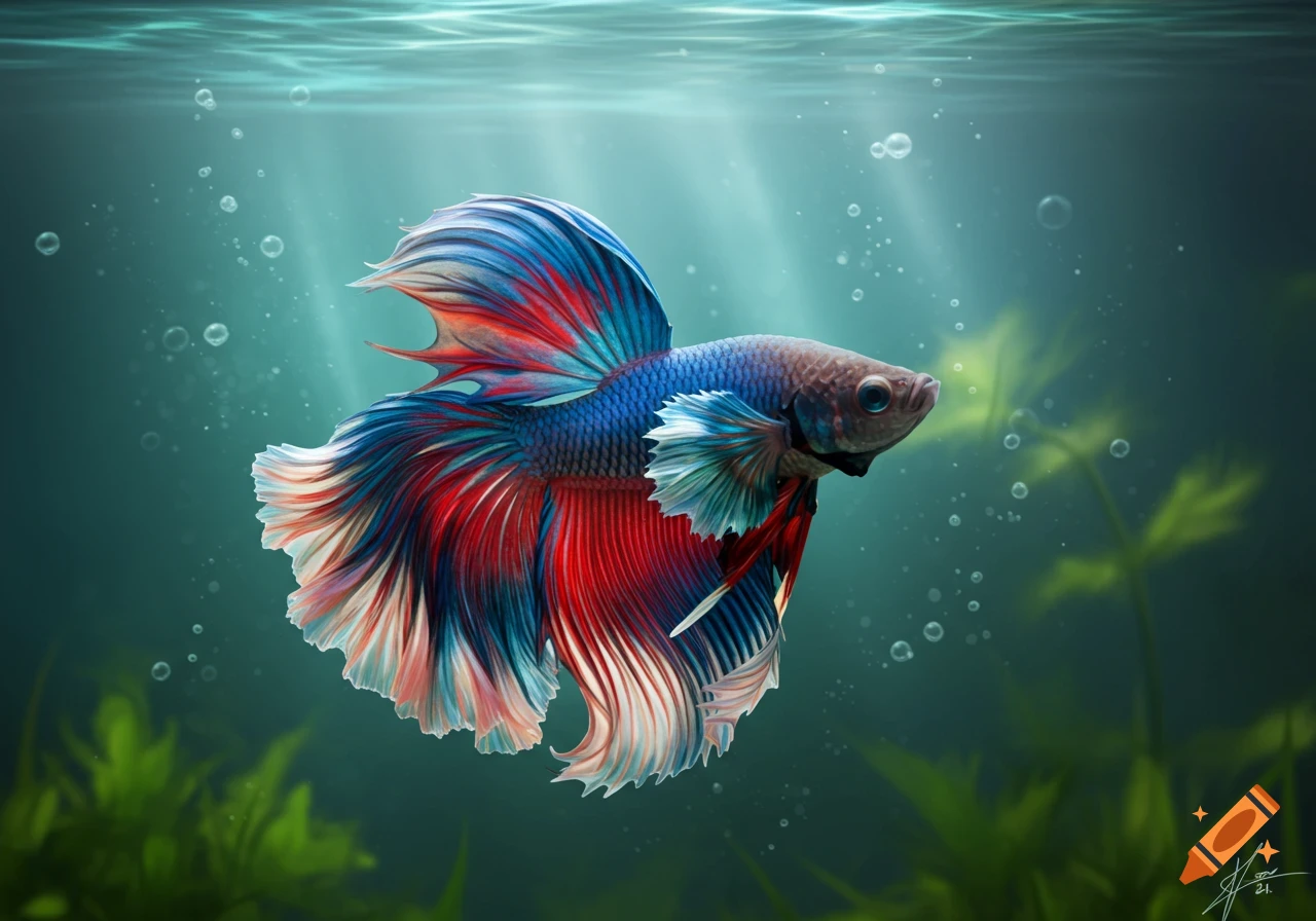 A vibrant red, white, and blue Siamese fighting fish with flowing fins swims gracefully underwater amidst bubbles and green plants.