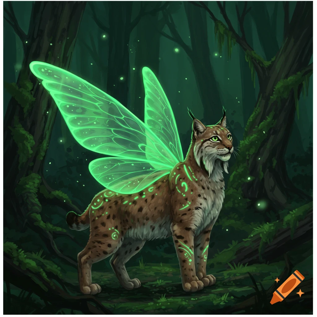 A majestic fantasy lynx with glowing green wings and intricate green markings stands in a dark, magical forest.