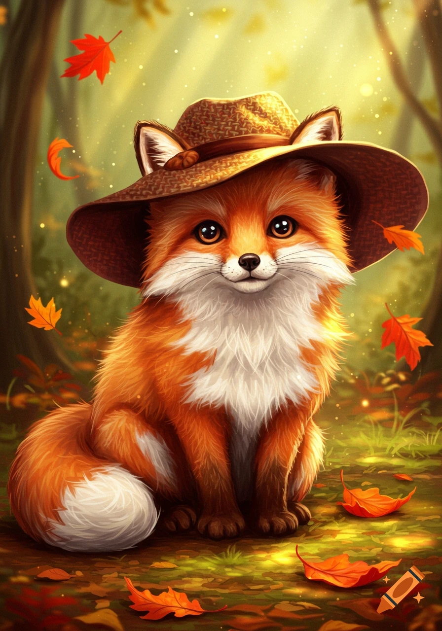 A cute, fluffy orange fox wearing a straw hat sits among colorful autumn leaves in a forest.