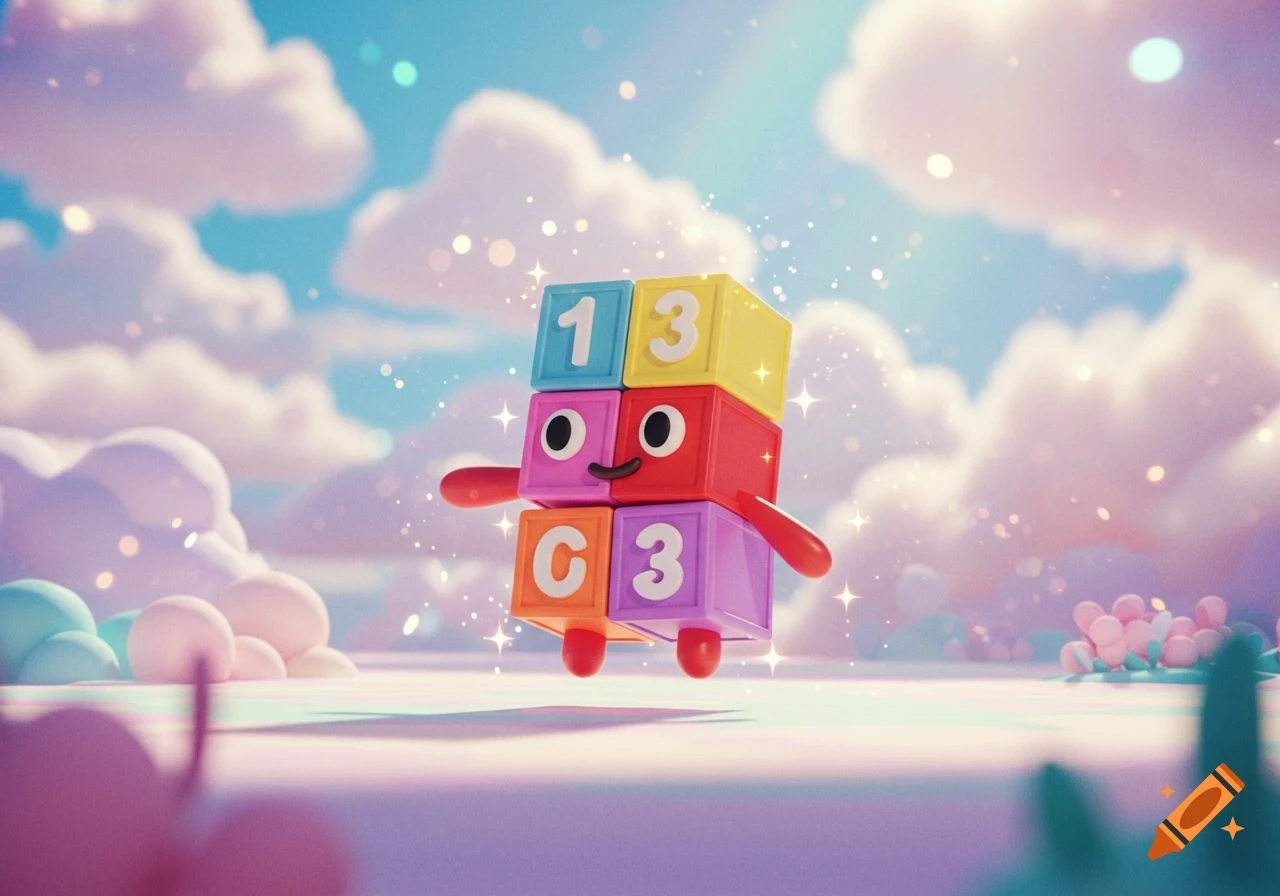 A colorful block character with the numbers 1, 3, and letter C, floating in a dreamy pastel sky with clouds and sparkles.