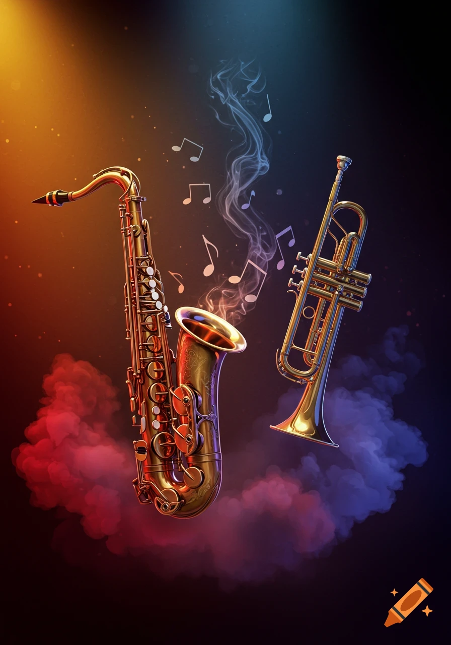 A golden saxophone and trumpet emerge from colorful smoke with musical notes, illuminated by a glowing background.