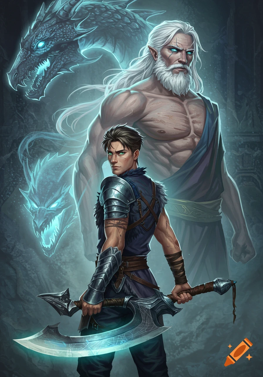 A fantasy illustration featuring a young warrior with a glowing axe, a spectral old man, and two luminous dragons.