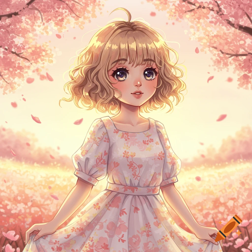 Anime girl with blonde curly hair and a floral dress stands in a pink cherry blossom field, with petals falling.