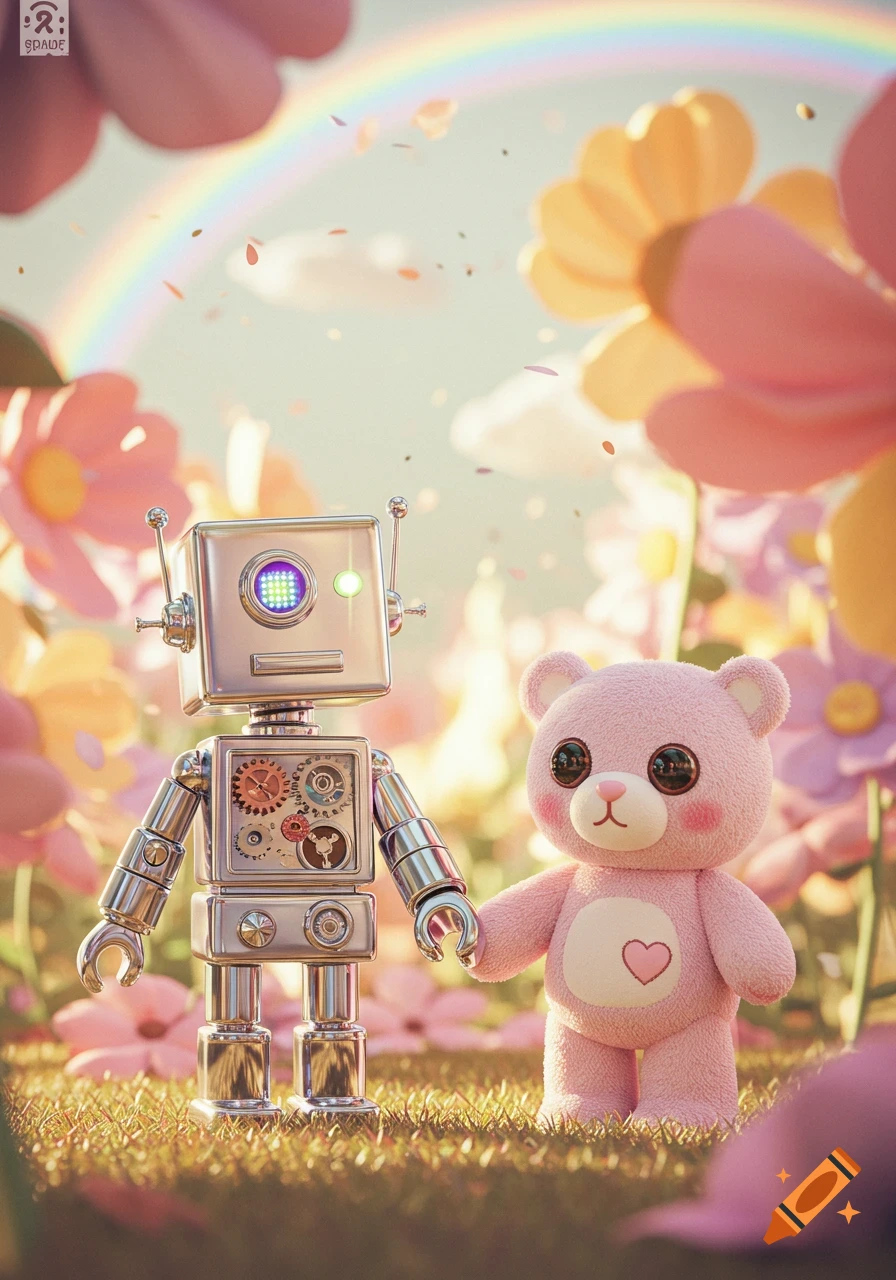 A shiny silver robot and a pink teddy bear holding hands in a field of colorful flowers under a rainbow.