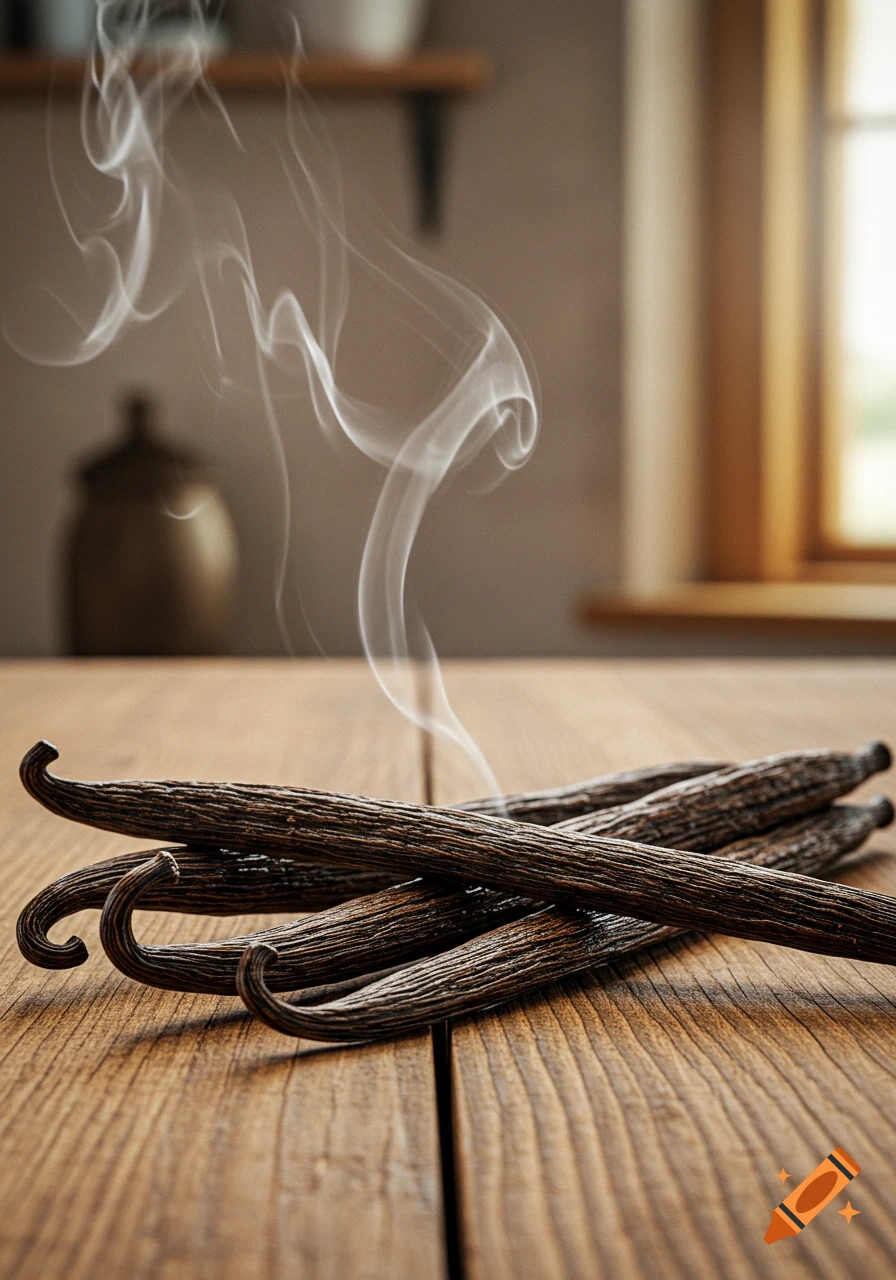 Several dark vanilla beans lie on a wooden table with wisps of white smoke rising, in a warm kitchen setting.