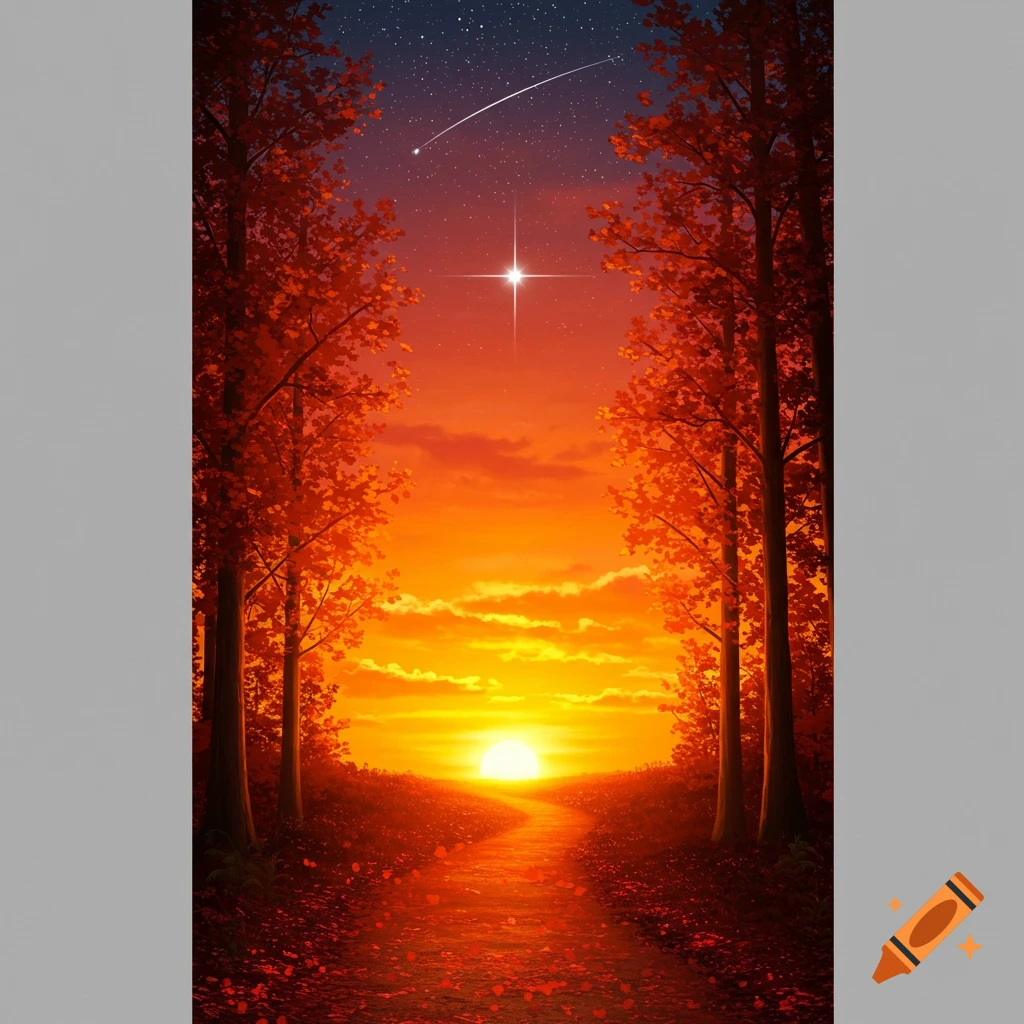 A glowing path winds through an autumn forest towards a vibrant orange sunset, under a starry sky with a prominent bright star and a shooting star; anime art style.