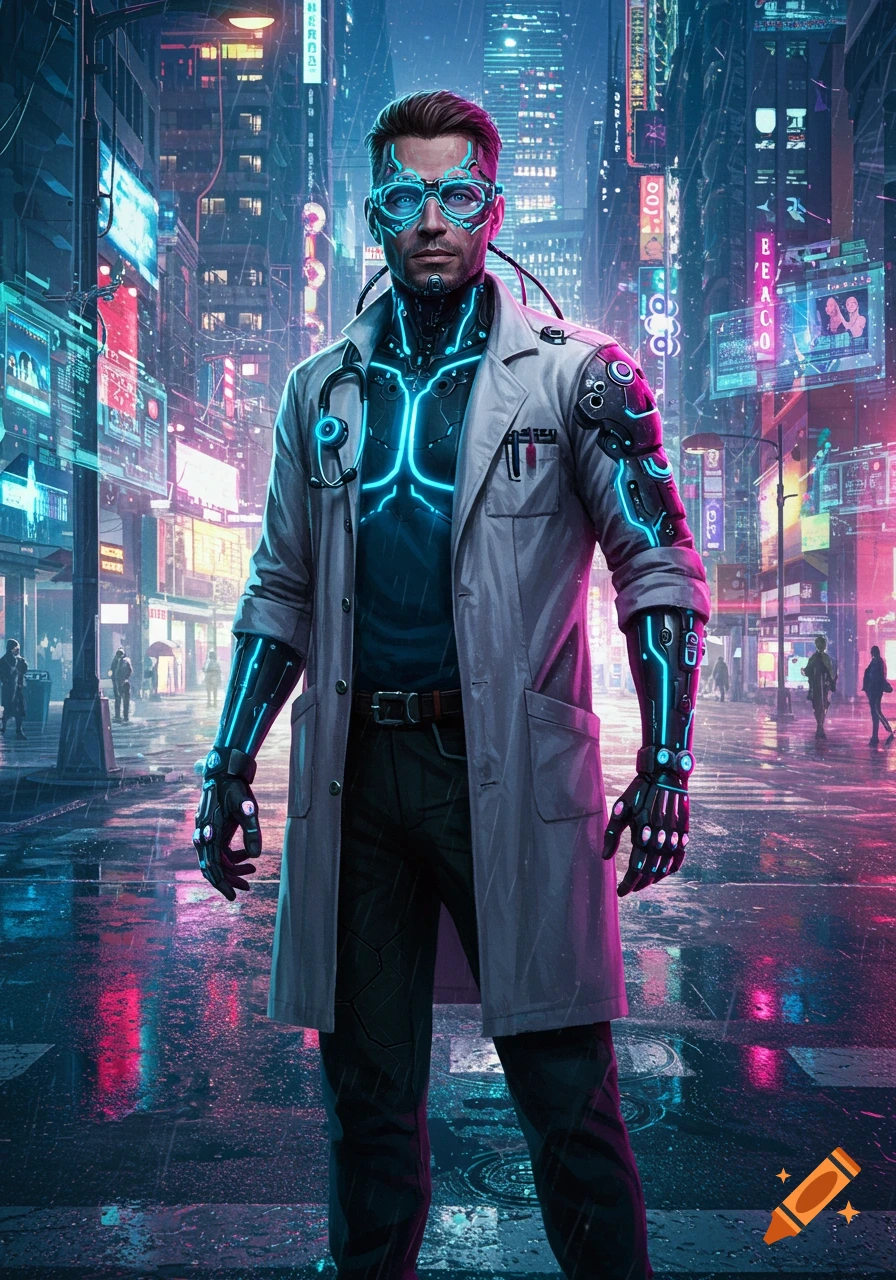 A cyberpunk doctor with glowing blue implants stands in a futuristic city at night, illuminated by neon lights and rain.