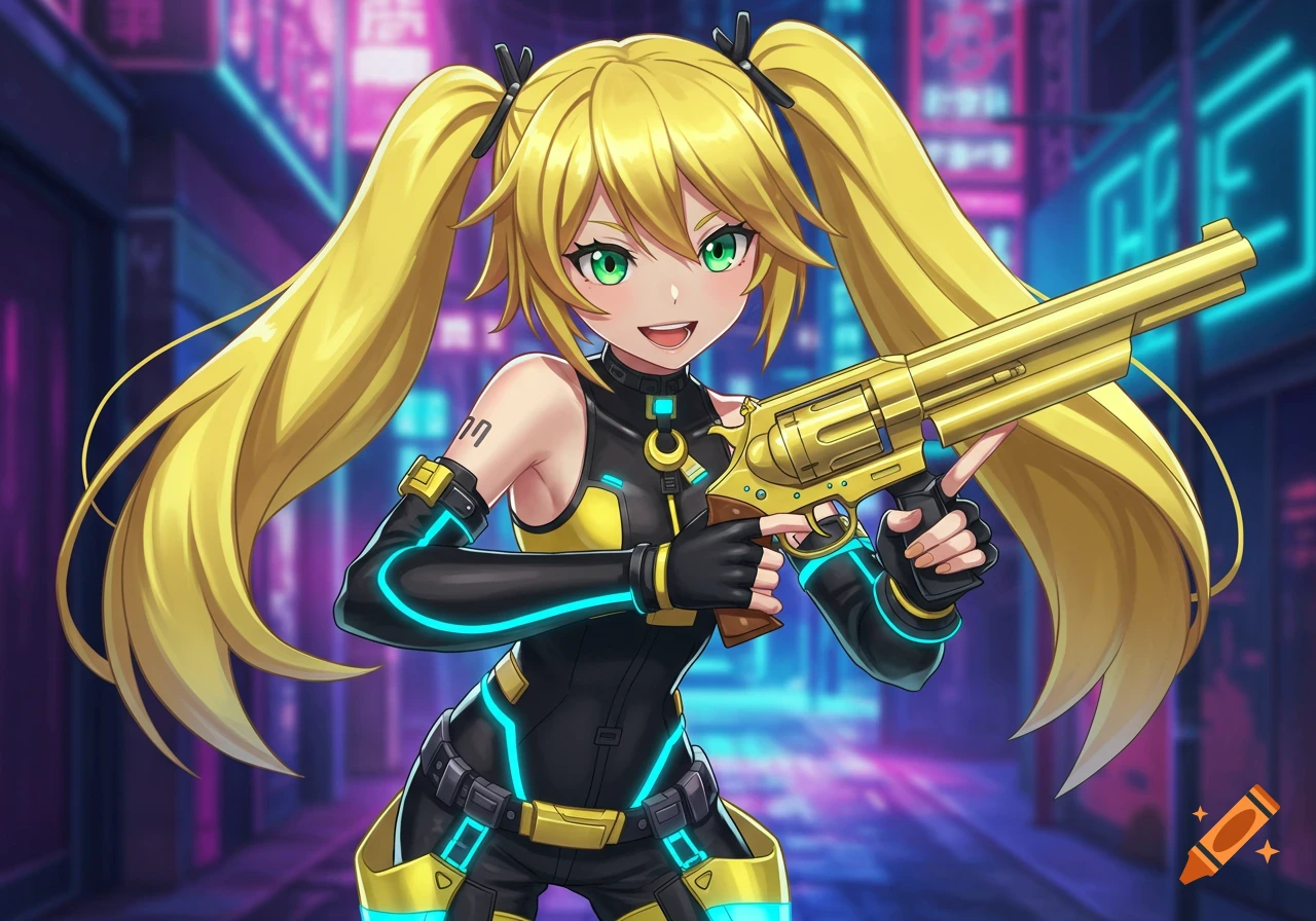 A vibrant anime girl with blonde pigtails and green eyes, wearing a black and yellow cyberpunk suit, holds a golden revolver in a neon city.