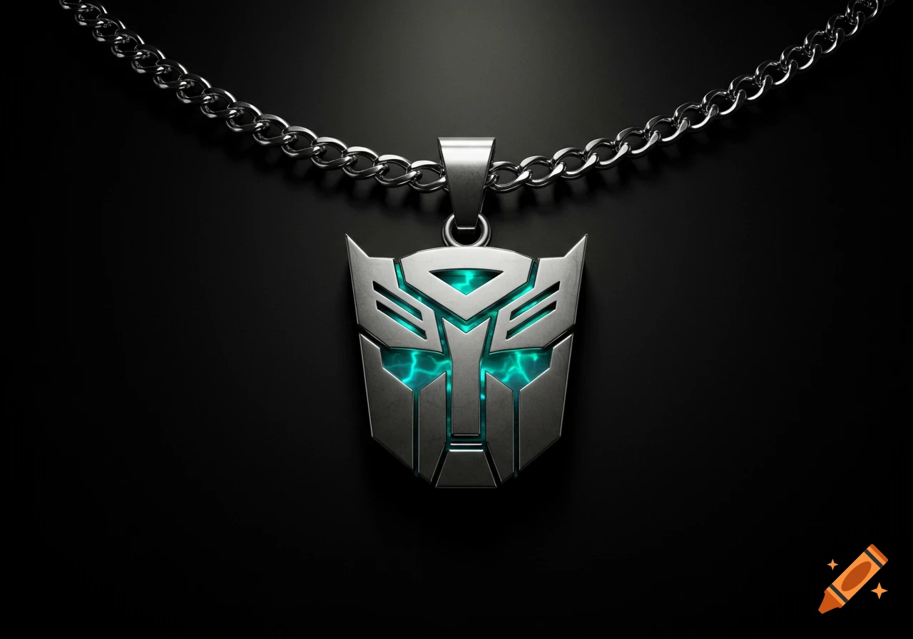 A silver chain necklace with a metallic Autobot emblem pendant featuring a glowing blue Energon shimmer against a black background.