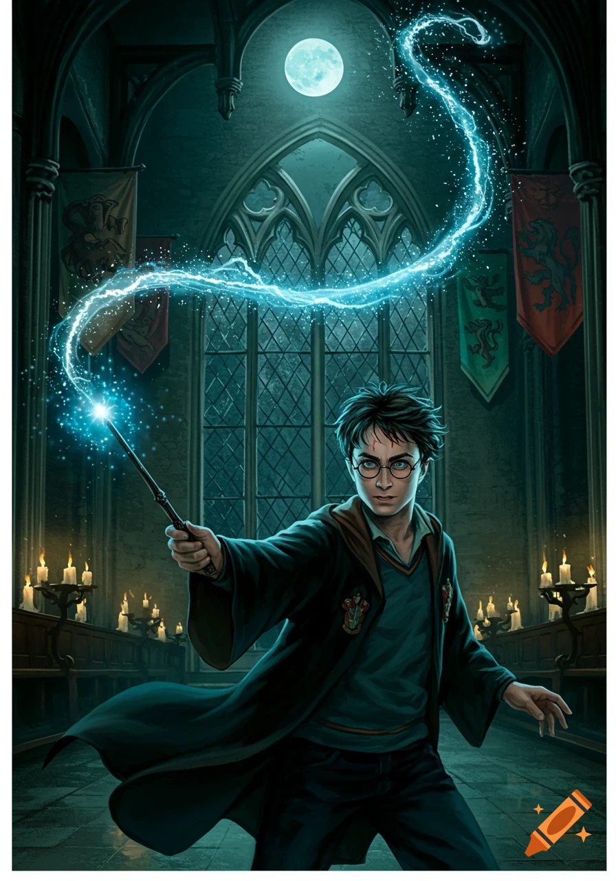 Harry Potter casts a glowing blue spell from his wand in a gothic hall under a bright full moon, with banners and candles.