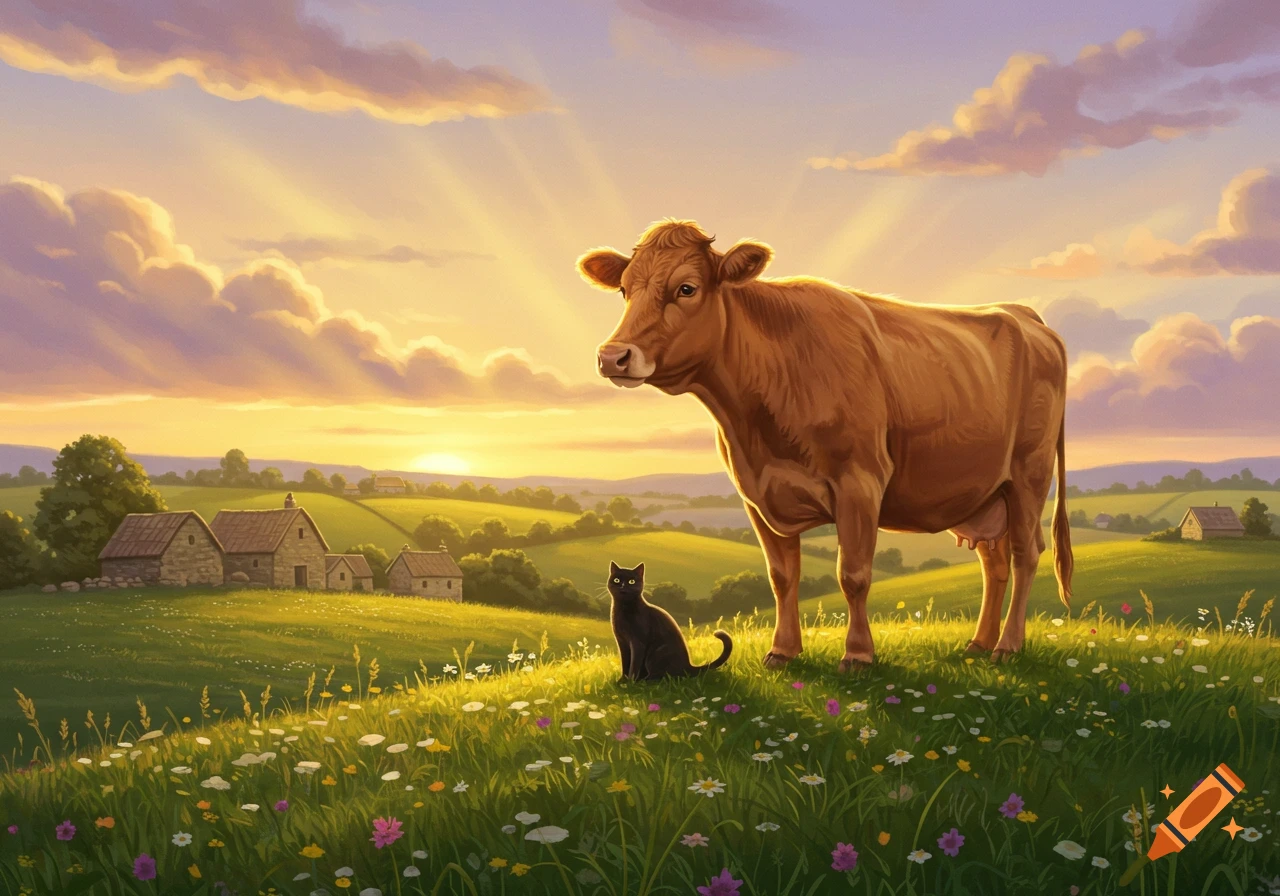 A brown cow and a black cat stand in a vibrant green field with wildflowers at sunset, with farmhouses in the background.