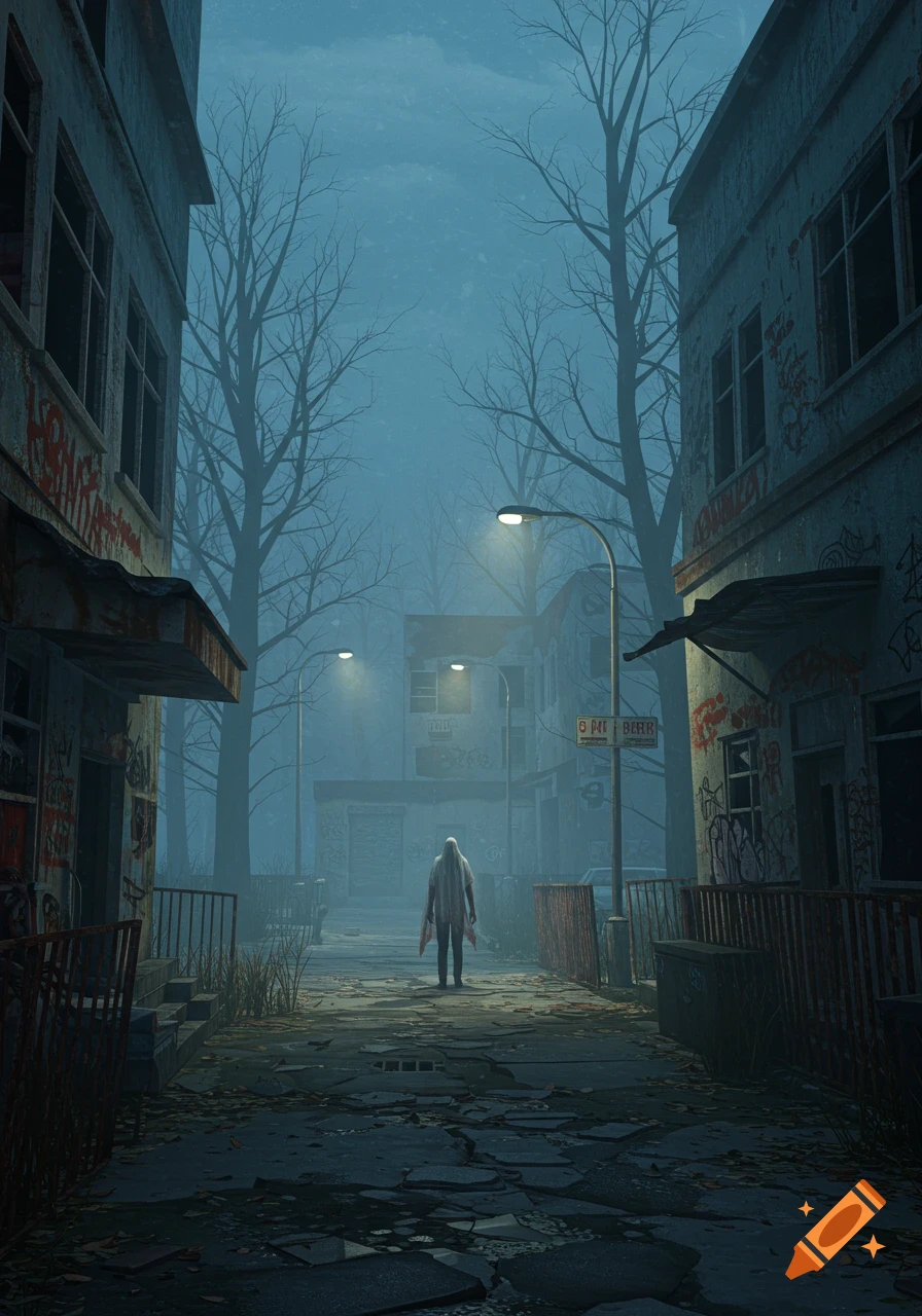A lone figure stands on a broken, trash-strewn path between decaying, graffiti-covered buildings under a foggy, dark blue sky with bare trees.