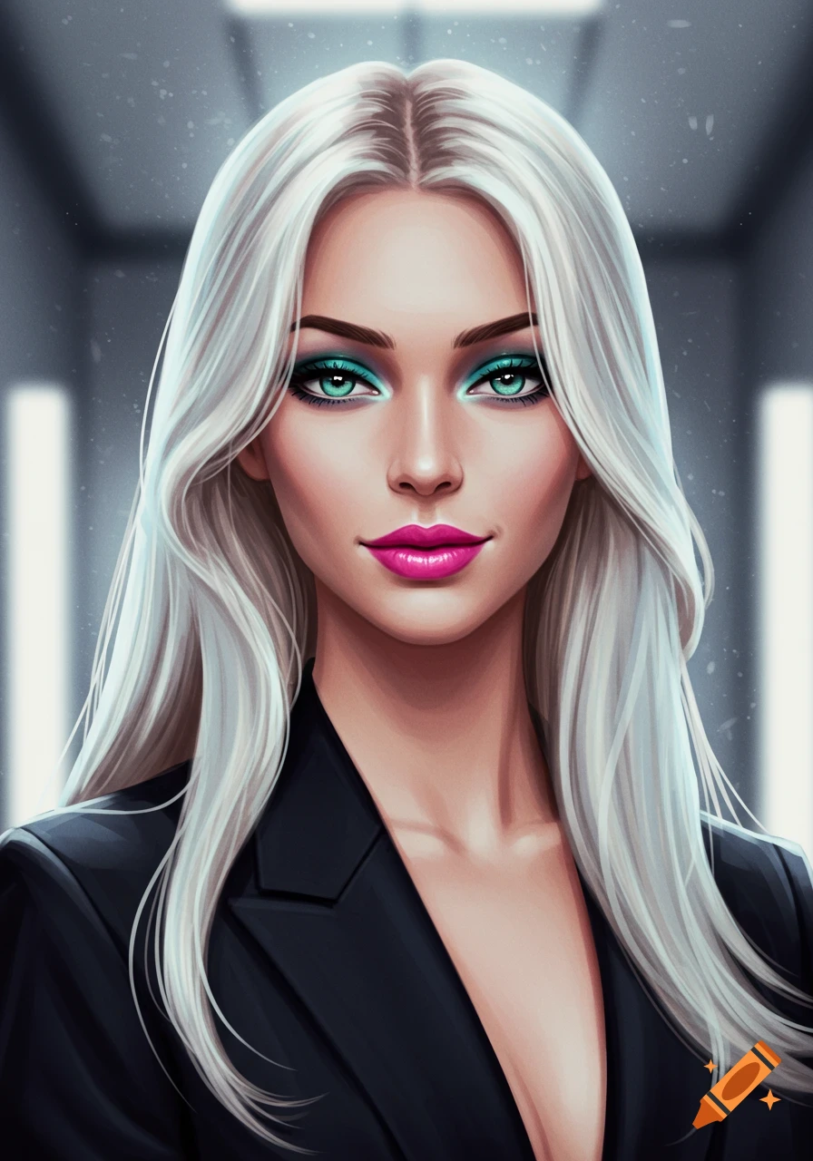 A stylized portrait of a woman with long white hair, teal eyes, pink lipstick, and a black blazer.