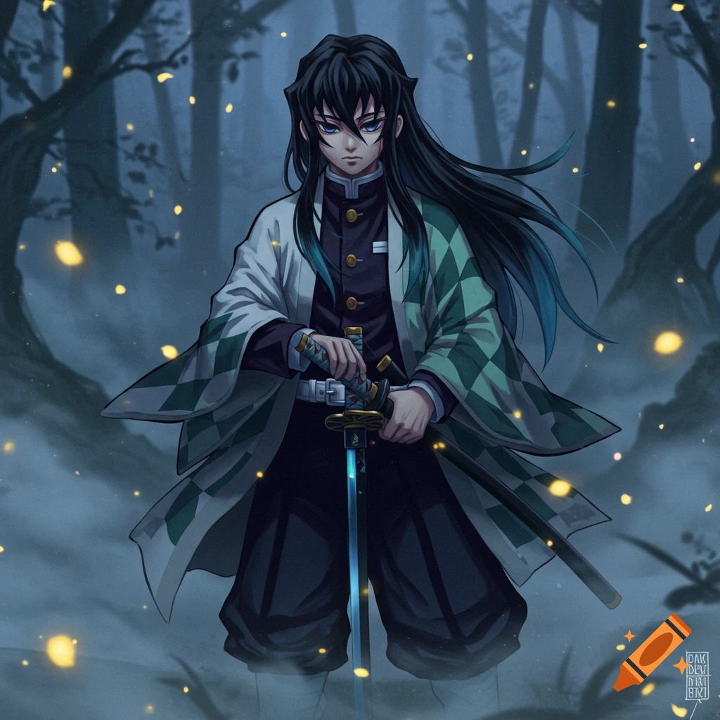 Anime character Muichiro from Demon Slayer holds a glowing blue sword in a dark, foggy forest with golden lights.