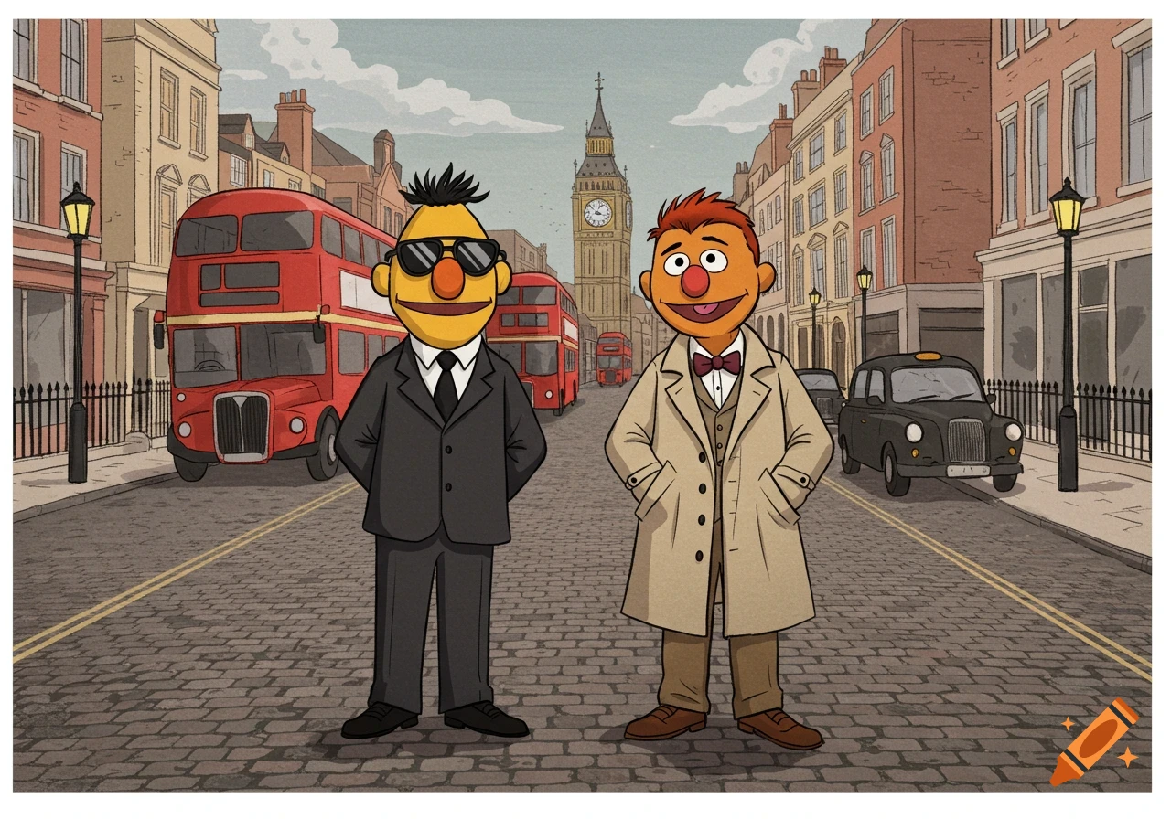 Cartoon Bert in a black suit and Ernie in a trench coat stand on a London cobblestone street with red double-decker buses, black cabs, and Big Ben in the background.