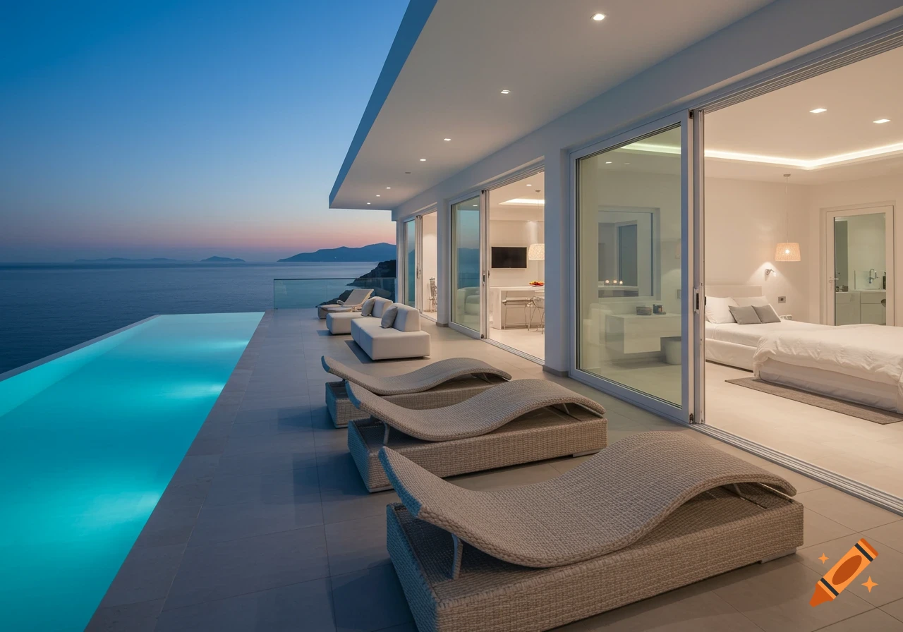 A luxury villa with an infinity pool overlooking the ocean at dusk, featuring modern loungers and bright interior rooms.