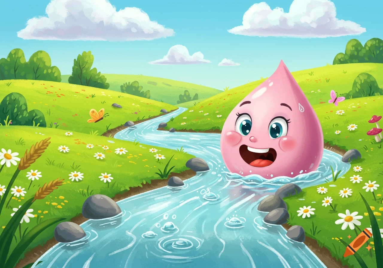 A happy pink cartoon tear drop character in a flowing stream surrounded by a green landscape with flowers, trees, and butterflies under a blue sky.