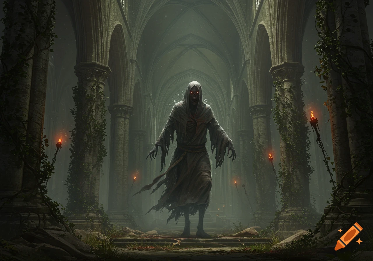 A hooded, spectral figure with glowing red eyes stands in a dark, overgrown gothic cathedral, illuminated by torches.