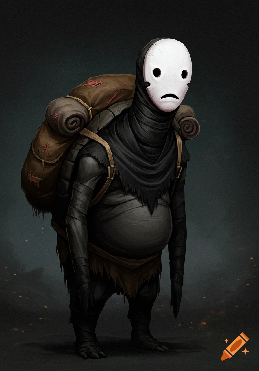 A dark, masked creature with a white sad mask, long neck, round body, and a brown backpack stands in a dark, glowing environment.