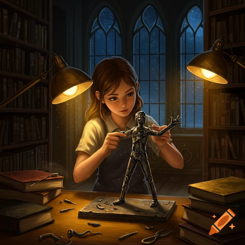 A teenage girl in a dimly lit library constructs a metal humanoid sculpture on a wooden table, surrounded by books, illuminated by two desk lamps. Digital art.