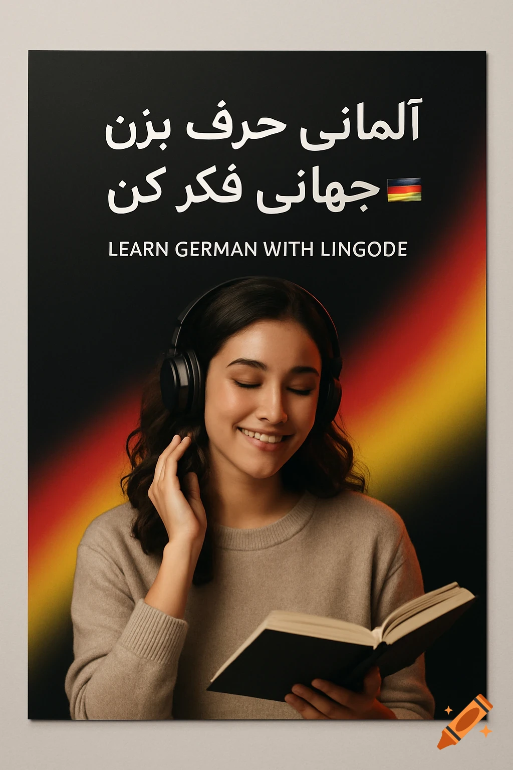 A young woman with headphones smiles while reading a book on a German language learning poster with text in Persian and English.