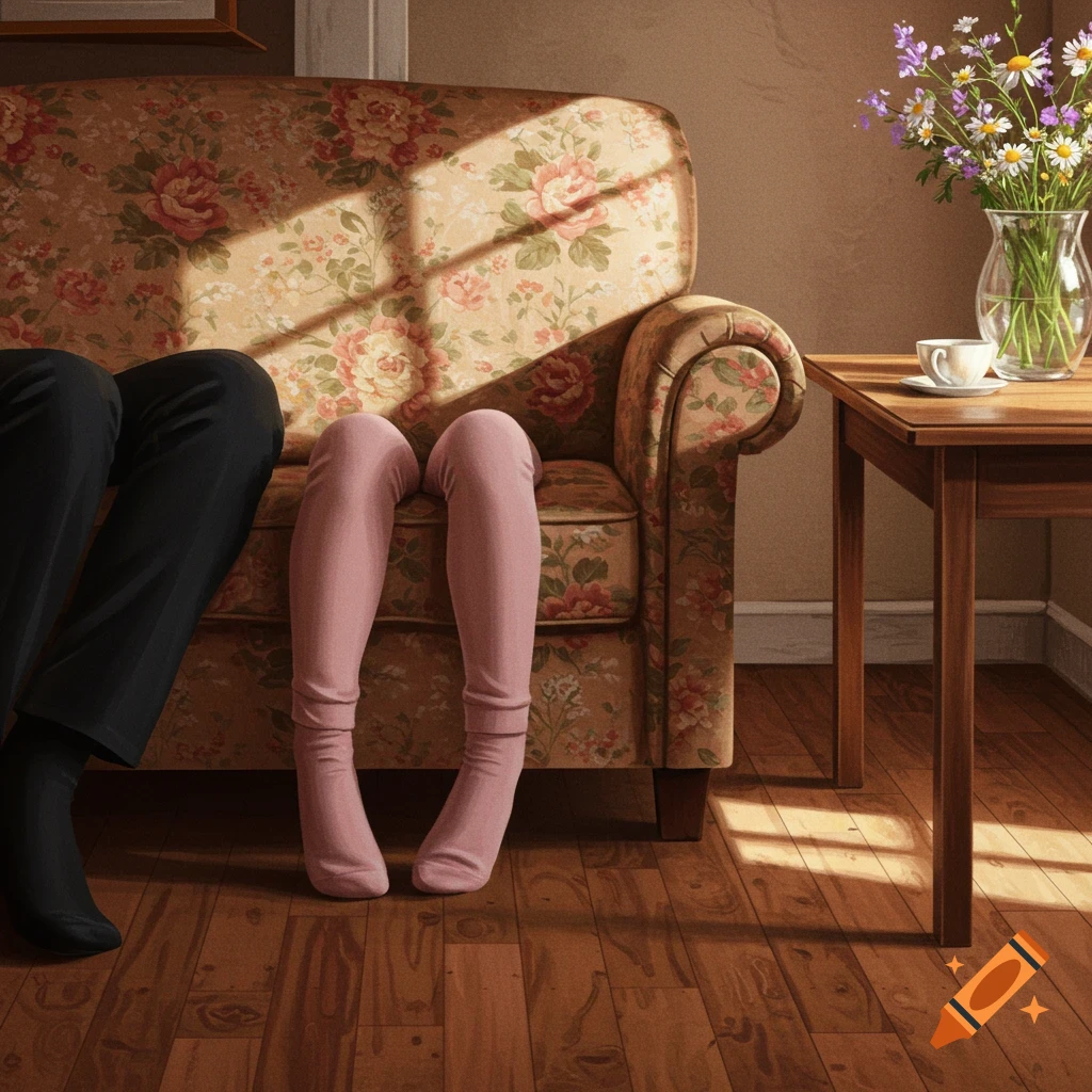 Two pairs of legs in black pants and pink leggings on a floral couch in a sunlit room, with a vase of flowers on a nearby table.