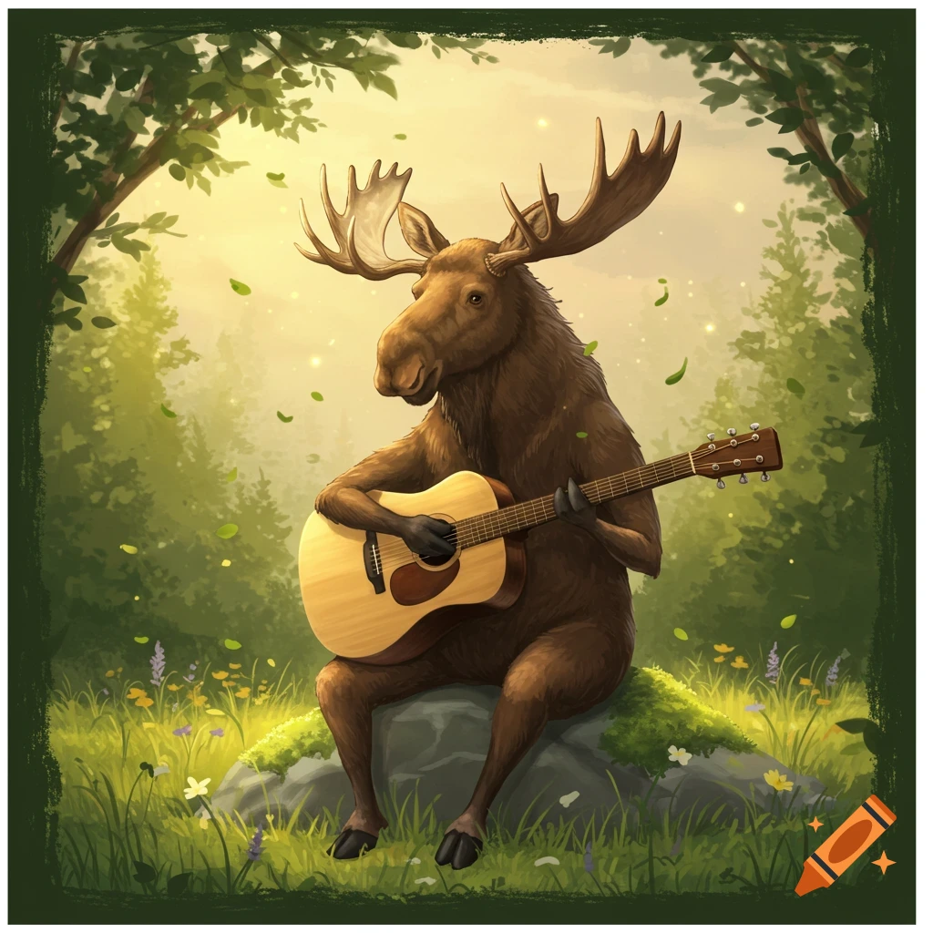 A brown anthropomorphic moose with antlers sits on a mossy rock in a sunny forest, playing an acoustic guitar in an illustrative style.