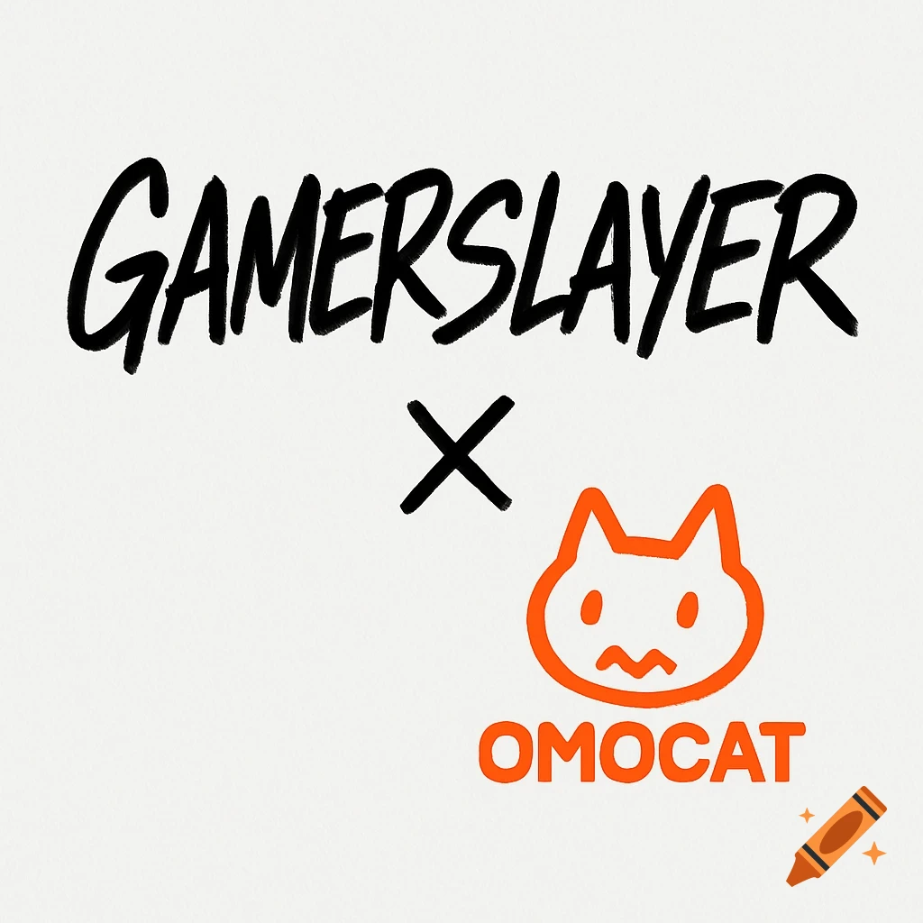 Black handwritten text 'GAMERSLAYER' above an orange 'X' and an orange cat logo with 'OMOCAT' below it on a white background, in a graphic design style.