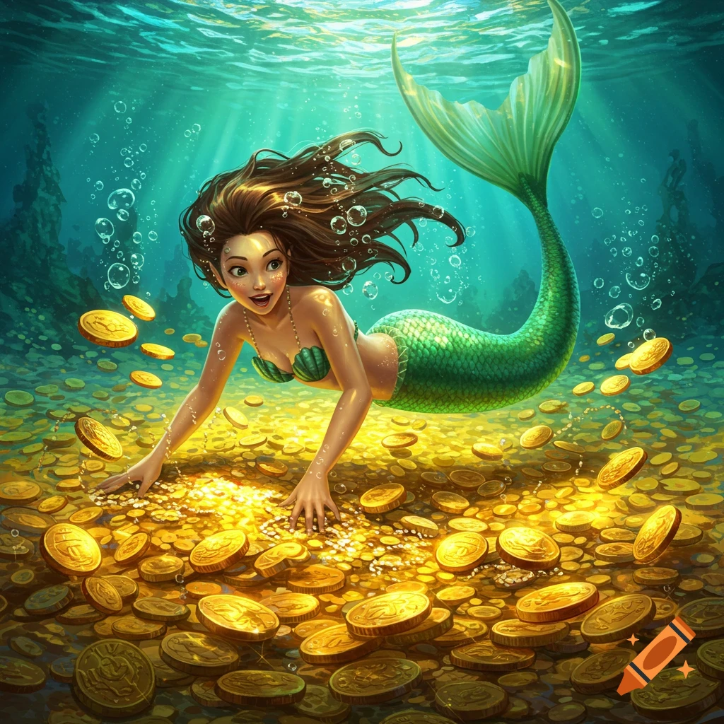 A vibrant digital illustration of a cheerful mermaid swimming underwater, surrounded by a shimmering bed of gold coins.