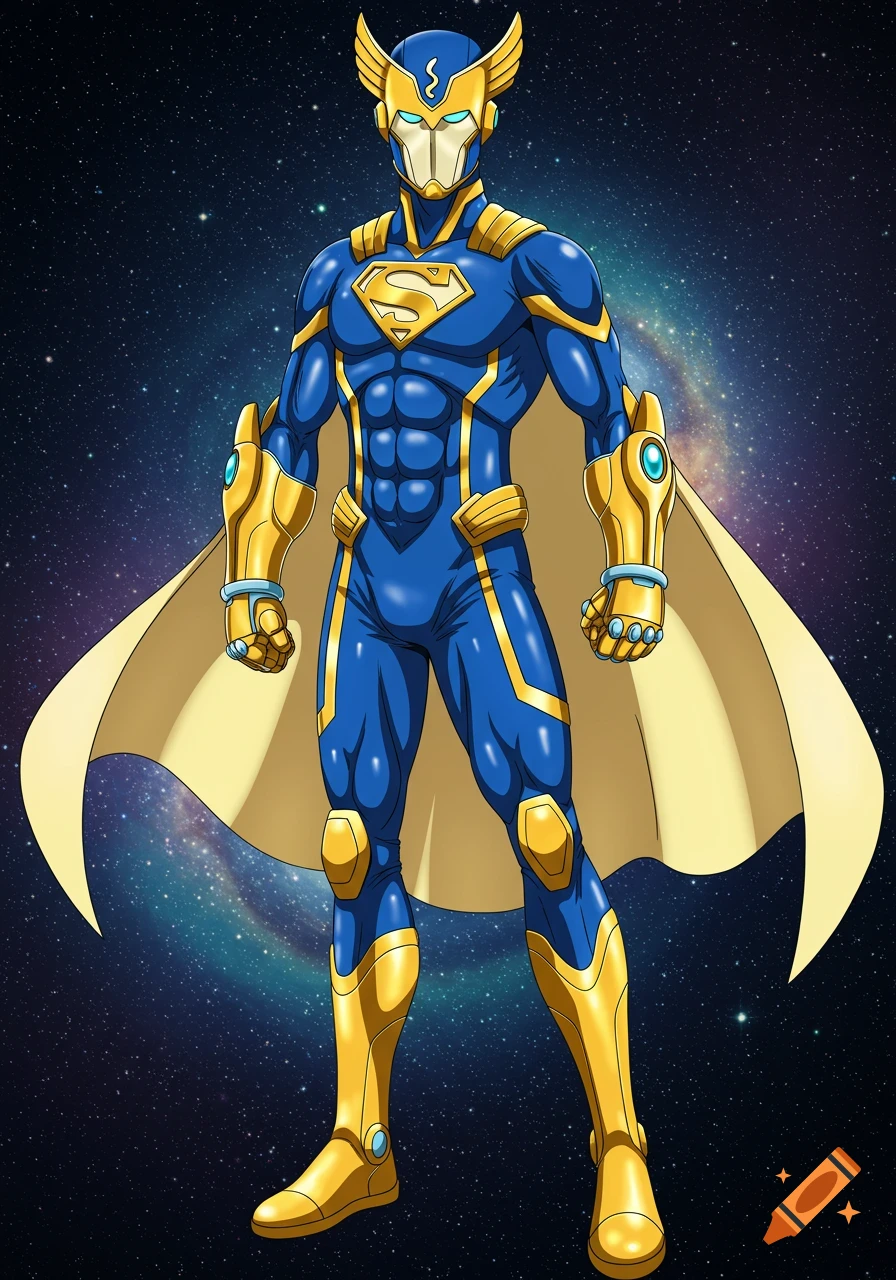 A muscular superhero in a blue suit with gold accents, gauntlets, a flowing cape, and a prominent 'S' emblem on the chest, stands against a starry space background.
