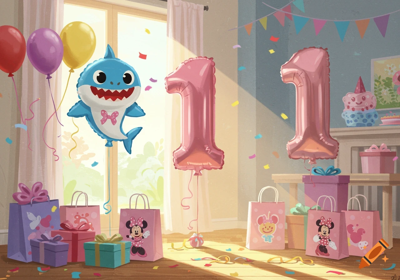 A colorful child's first birthday party with Baby Shark and number 1 balloons, Minnie Mouse gift bags, and scattered confetti.