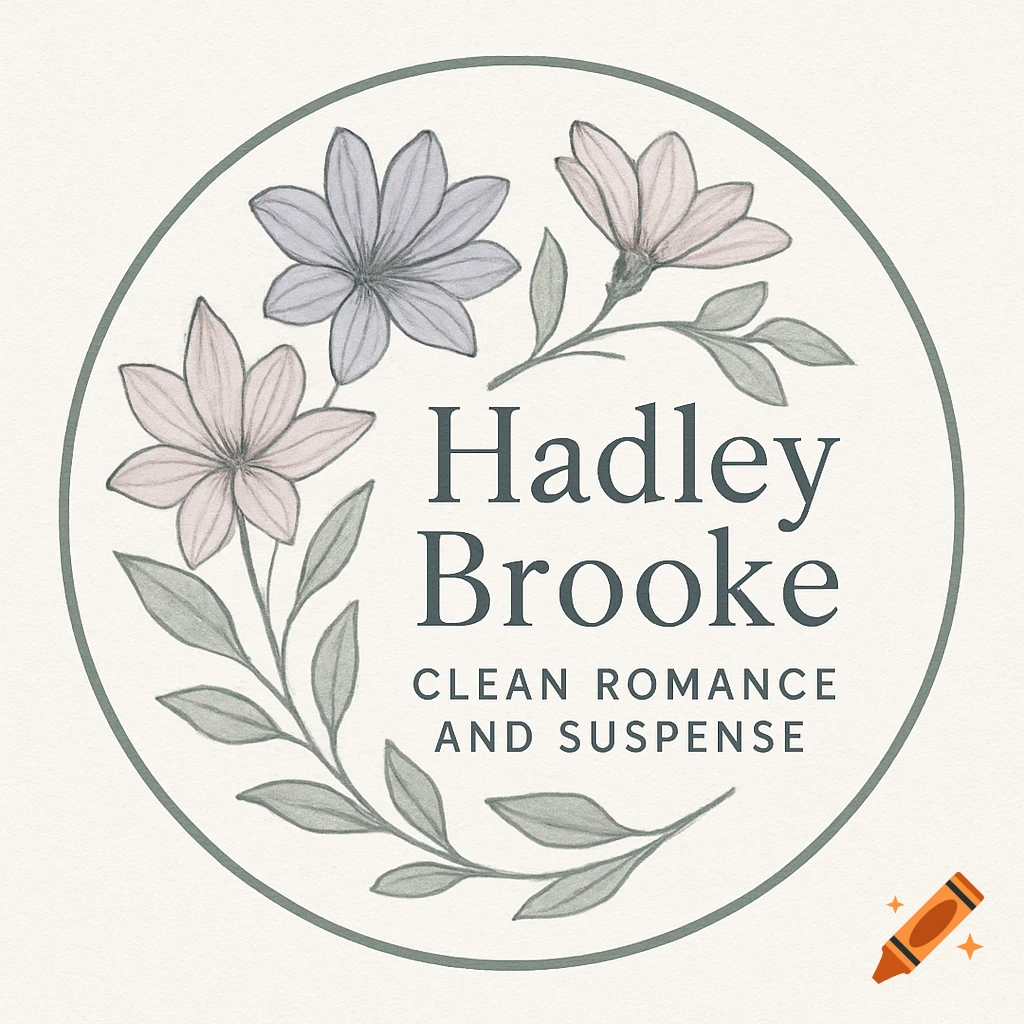 Circular logo with green border, featuring line art flowers and leaves in muted colors, with text 'Hadley Brooke Clean Romance and Suspense'
