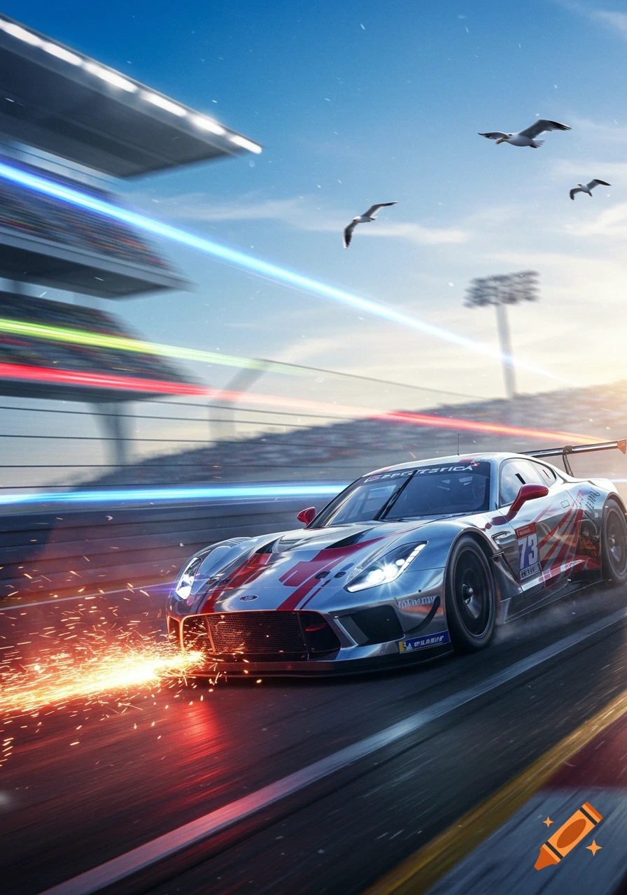 A silver and red race car speeding on a track, sparks flying, with a stadium and gulls in the background at sunset, photorealistic style.