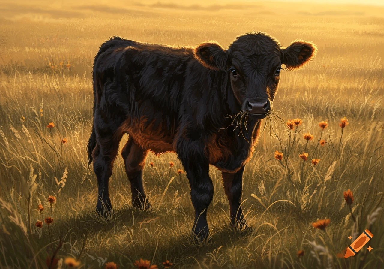 A small black calf stands in a golden sunlit field with tall grass and orange wildflowers.