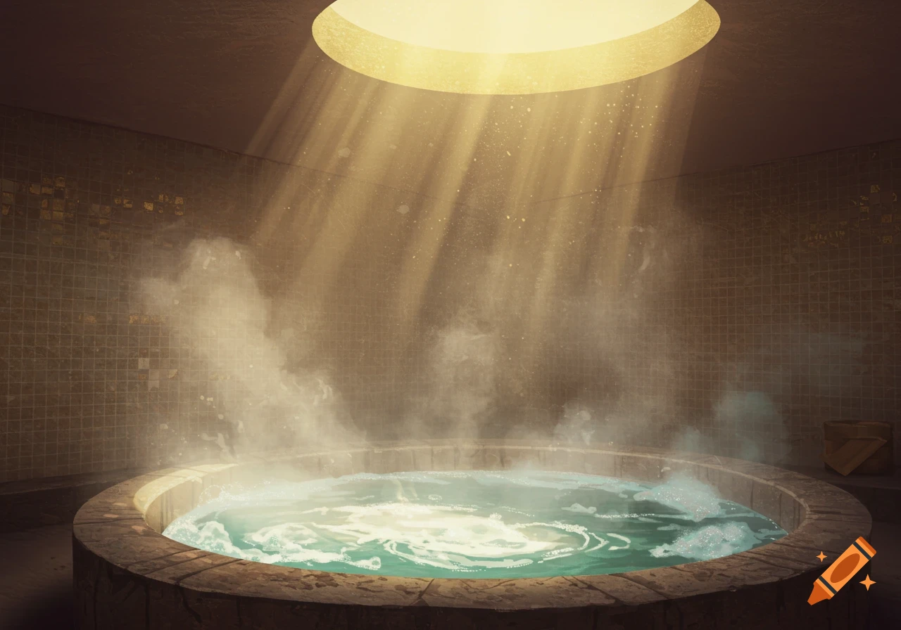 A steamy hot tub in a tiled room, with golden light rays shining down from a circular ceiling opening.