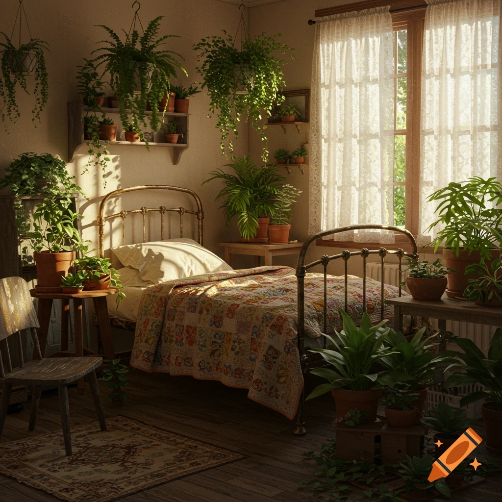 A cozy, old-fashioned bedroom bathed in sunlight, filled with numerous potted plants and hanging greenery, featuring a metal bed frame with a patterned quilt.