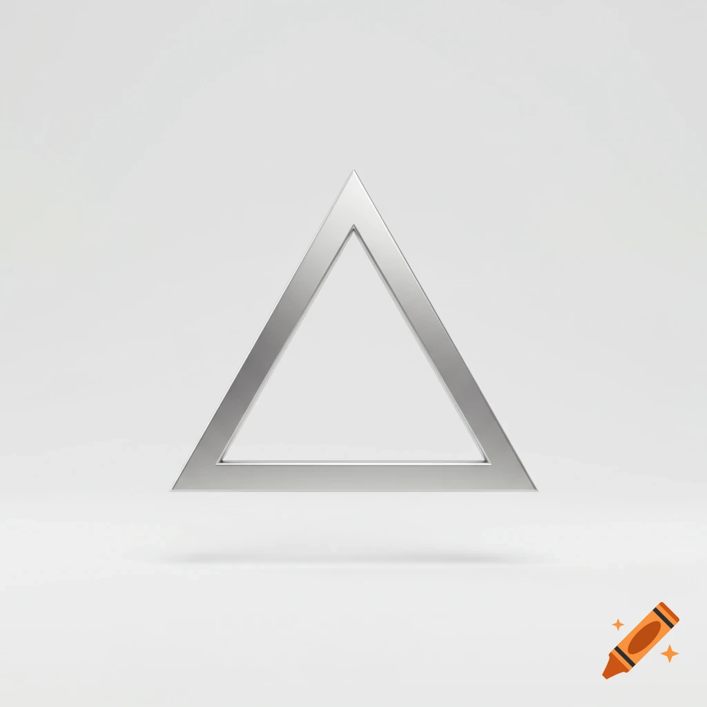A shiny silver equilateral triangle floats against a bright white background, casting a subtle shadow.