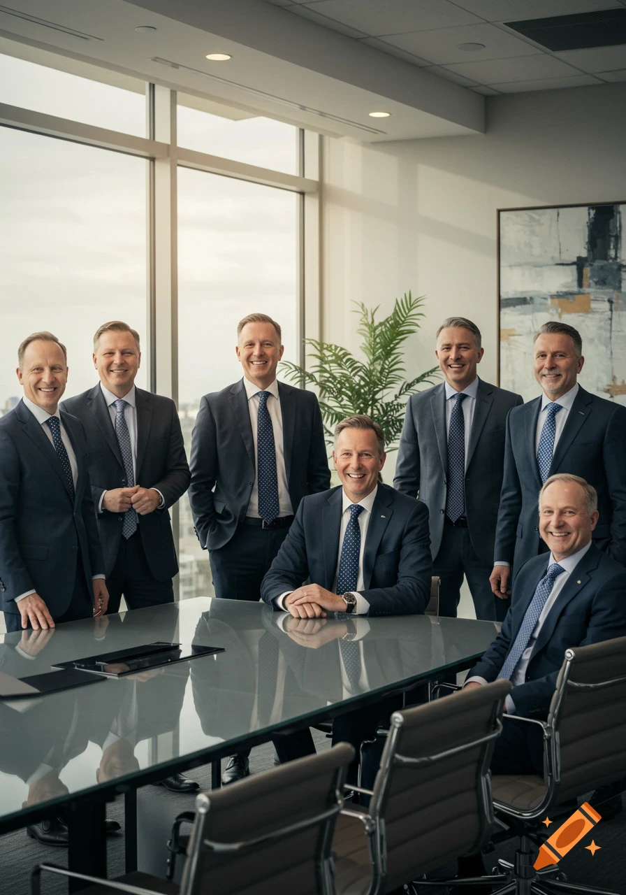 Seven smiling businessmen in suits posing in a bright corporate office boardroom with a large window.
