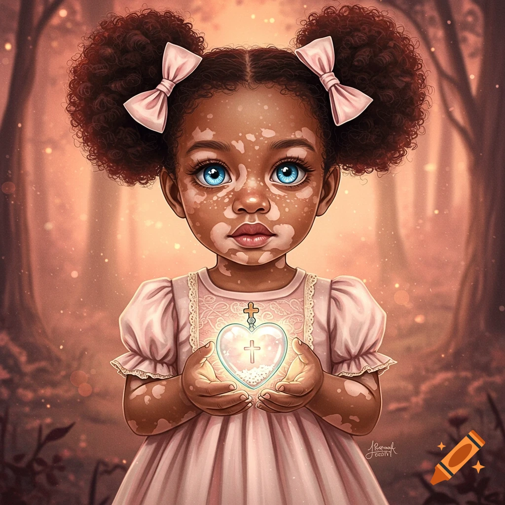 A stylized illustration of a young Black girl with vitiligo, Afro puffs, and big blue eyes, holding a glowing glass heart with a cross.